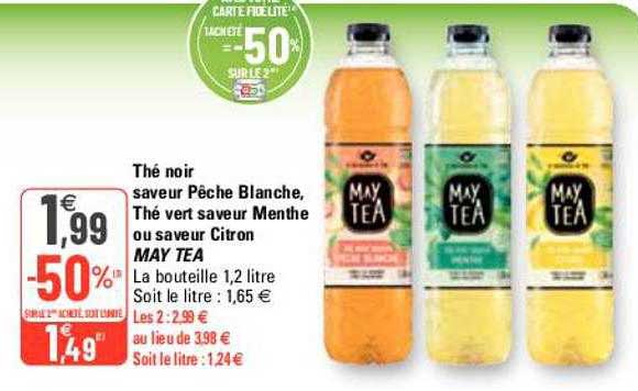 thé noir saveur pêche blanche, thé vert saveur menthe ou saveur citron may tea
