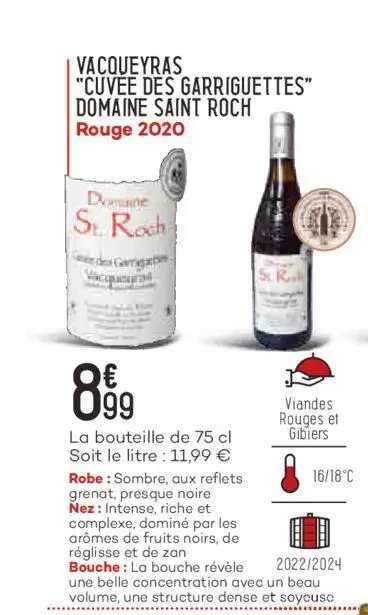 vacqueyras "cuvée des garriguettes" domaine saint roche rouge 2020
