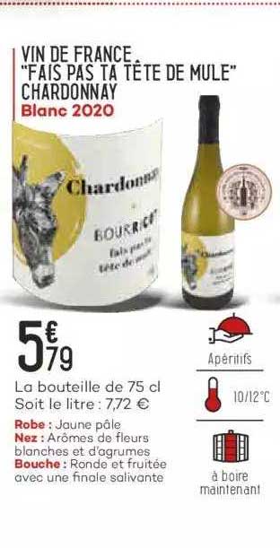 vin de france "fais pas ta tête de mule" chardonnay blanc 2020