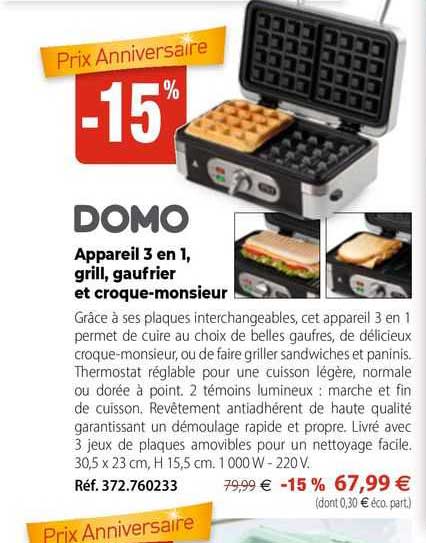 appareil 3 en 1, grill, gaufrier et croque-monsieur domo