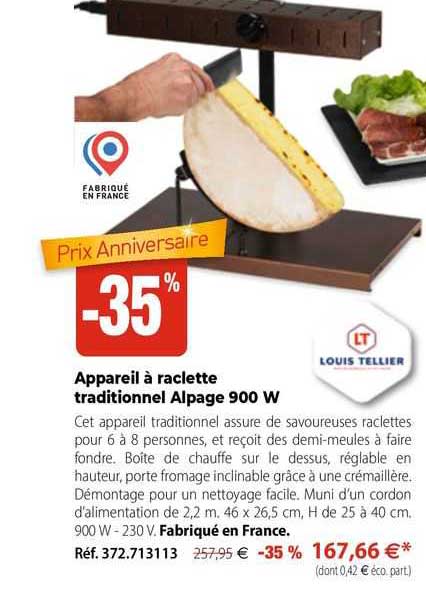appareil à raclette traditionnel alpage 900 w louis tellier