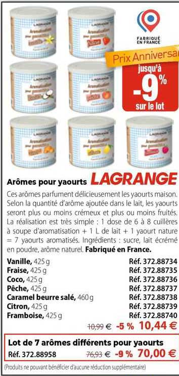arômes pour yaourts lagrange, lot de 7 arômes différents pour yaourts