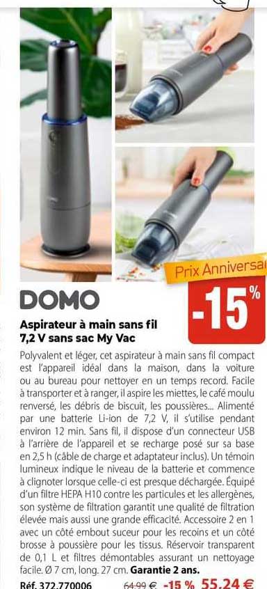 aspirateur à main sans fil 7,2 v sans sac my vac domo