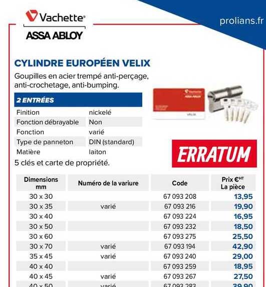 assa abloy vachette cylindre européen velix