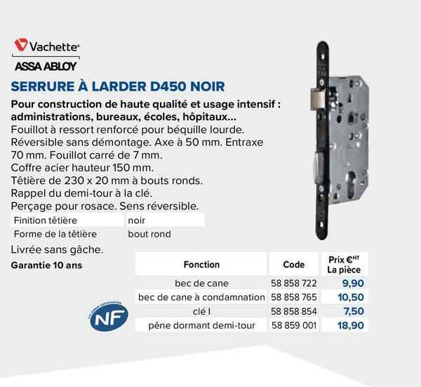 assa abloy vachette serrure à larder d450 noir