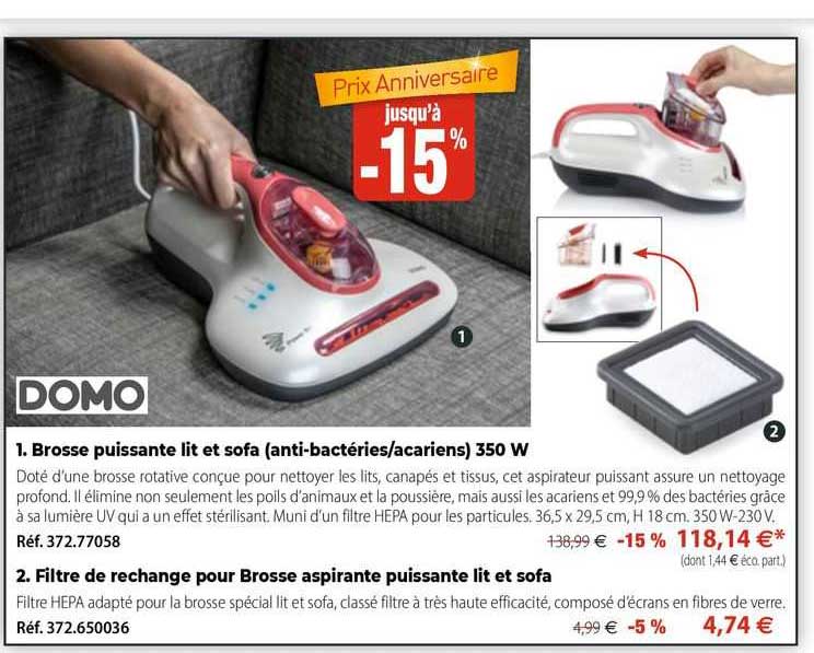 brosse puissante lit et sofa (anti-bactéries/acariens) 350 w, filtre de rechange pour brosse aspirante puissante lit et sofa domo
