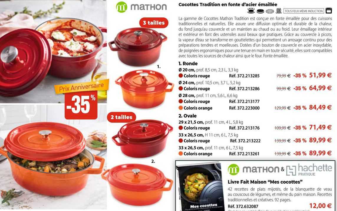 cocottes tradition en fonte d'acier émaillée mathon, livre fait maison "mes cocottes" mathon & hachette pratique