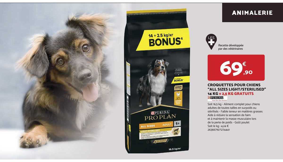 croquettes pour chiens "all sizes light or sterilised purina proplan