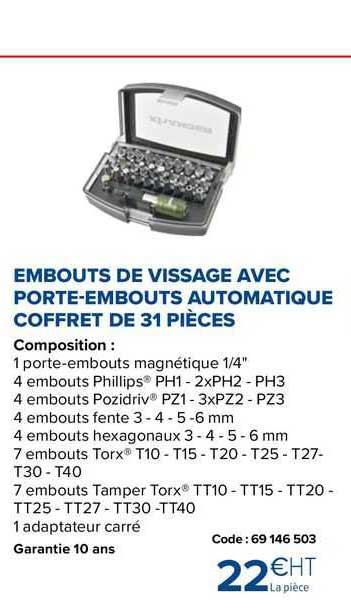 embouts de vissage avec porte-embouts automatique coffret de 31 pièces