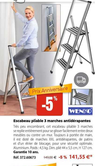 escabeau pliable 3 marches antidérapantes wenko