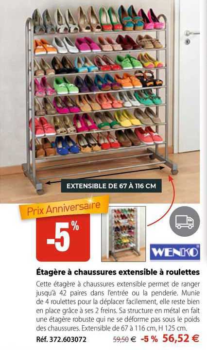 étagère à Chaussures Extensible à Roulettes Wenko