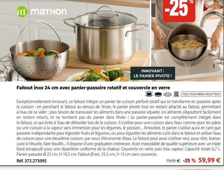 Faitout Inox 24 Cm Avec Panier-passoire Rotatif Et Couvercle En Verre Mathon