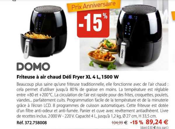 friteuse à air chaud déli fryer xl 4 l, 1500 w domo