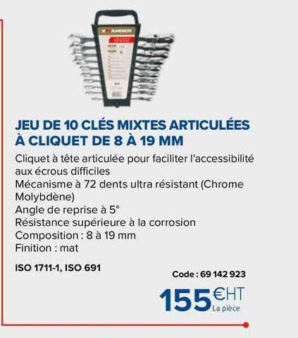 jeu de 10 clés mixtes articulées à cliquet de 8 à 19mm