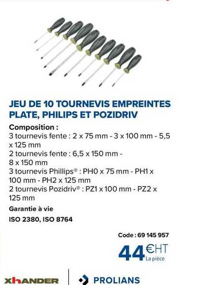 Jeu De 10 Tournevis Empreintes Plate, Philips Et Pozidriv