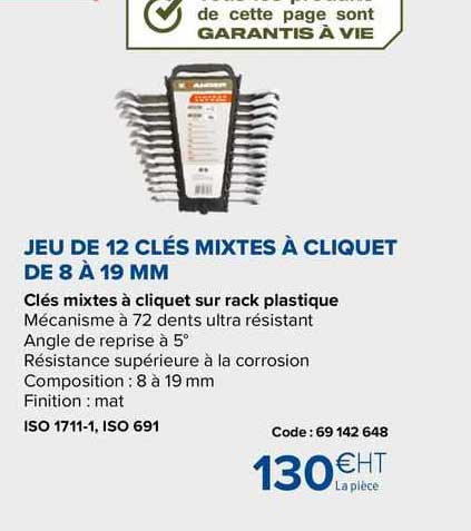jeu de 12 clés mixtes à cliquet de 8 à 19mm