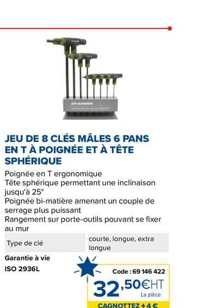 jeu de 8 clés mâles 6 pans en t à poignée et à tête sphérique