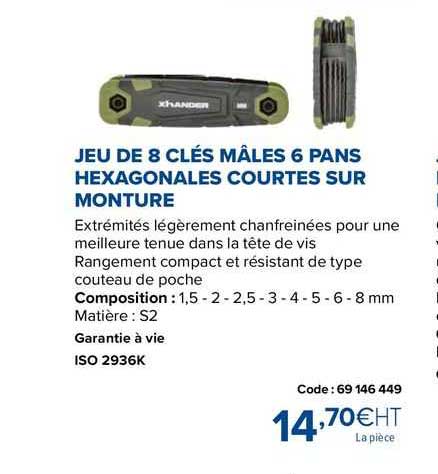 jeu de 8 clés mâles 6 pans hexagonales courtes sur monture