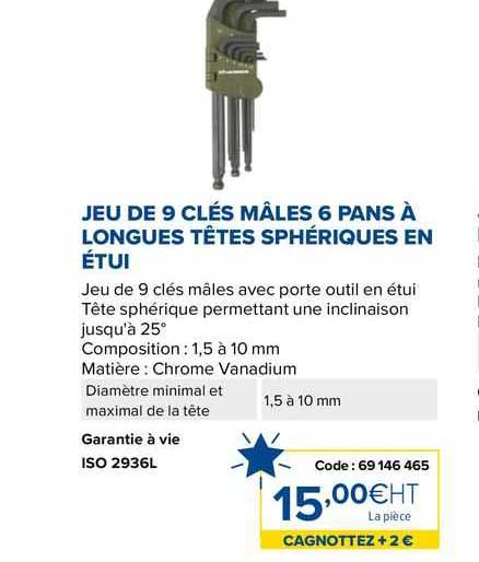 jeu de 9 clés mâles 6 pans à longue têtes sphériques en étui