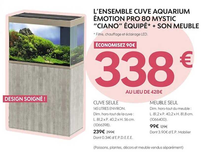 l'ensemble cuve aquarium émotion pro 80 mystic ciano équipé + son meuble