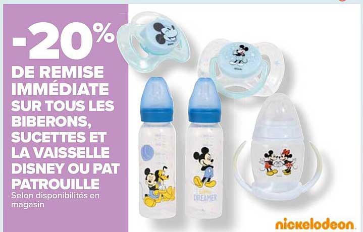 les biberons, sucettes et la vaisselle disney ou pat patrouille