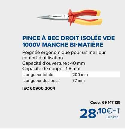 pince à bec droit isolée vde 100v manche bi-matière