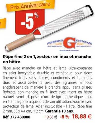 râpe fine 2 en 1, zesteur en inox et manche en hêtre