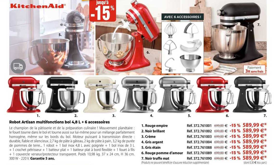 robot artisan multifonctions bol 4,8 l + 6 accessoires kitchenAid