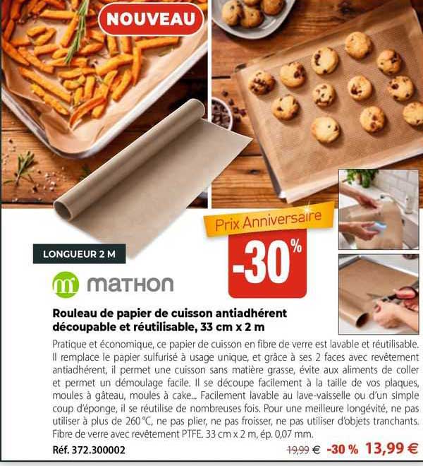 rouleau de papier de cuisson antiadhérent découpable et réutilisable, 33 cm x 2 m mathon