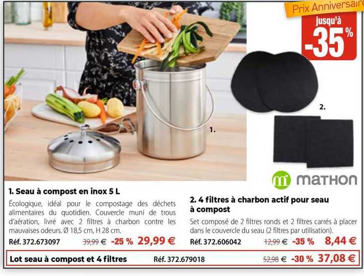 Seau à Compost En Inox 5 L, 4 Filtres à Charbon Actif Pour Seau à Compost