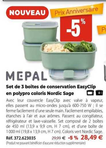 set de 3 boîtes de conservation easyClip en polypro coloris nordic sage mepal