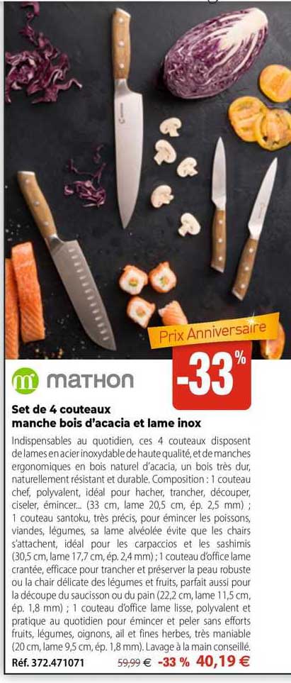 Set De 4 Couteaux Manche Bois D'acacia Et Lame Inox Mathon