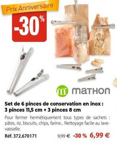 Set De 6 Pinces De Conservation En Inox : 3 Pinces 11,5 Cm + 3 Pinces 8 Cm Mathon