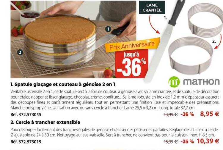 spatule glaçage et couteau à génoise 2 en 1, cercle à trancher extensible mathon
