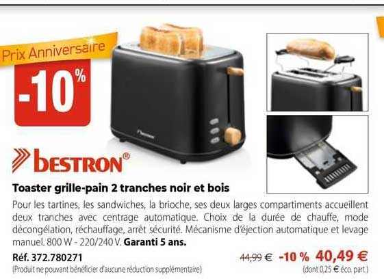 toaster grille-pain 2 tranches noir et bois bestron