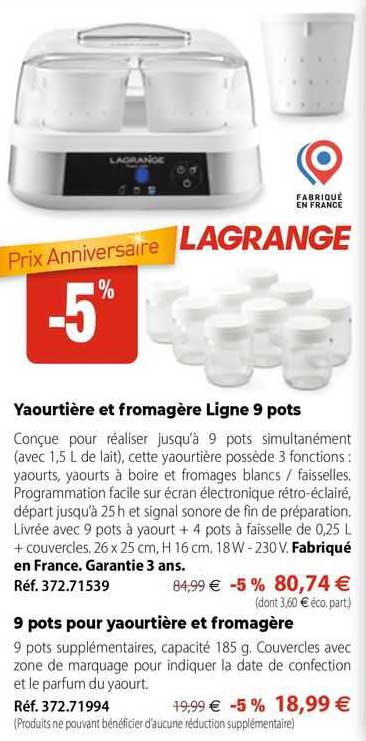 yaourtière et fromagère ligne 9 pots, 9 pots pour yaourtière et fromagère