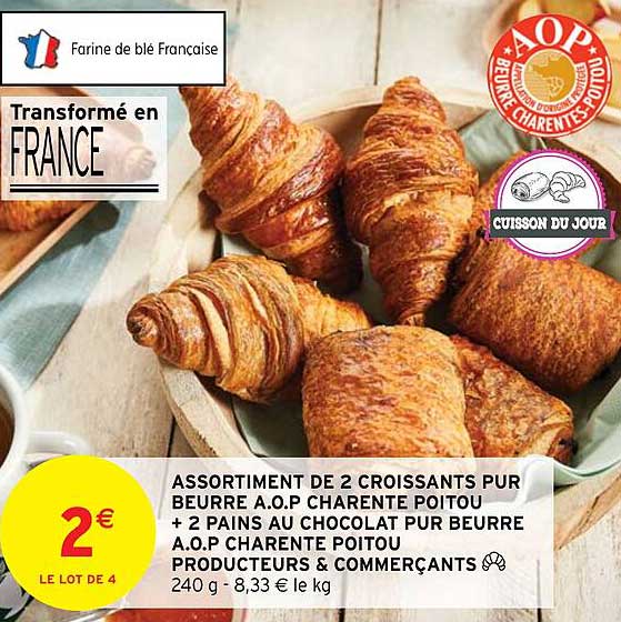 assortiment de 2 croissants pur beurre a.o.p. charente poitou + 2 pains au chocolat pur beurre a.o.p. charente poitou producteurs & commerçants