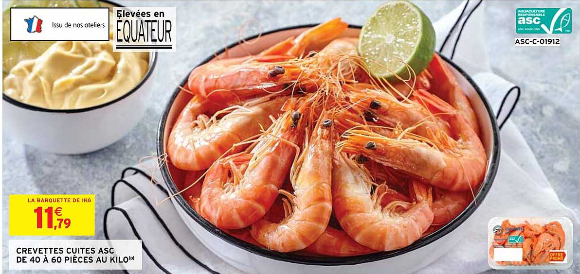 crevettes cuites asc de 40 à 60 pièces au kilo