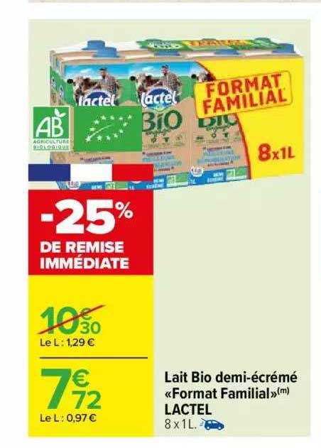 Lait Bio Demi-écrémé «format Familial» Lactel
