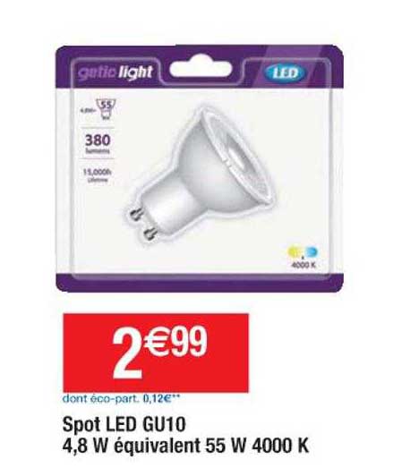 spot led gu10 4,8w éuivalent 55w 4000k getic light