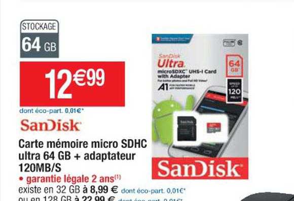 carte mémoire micro sdhc ultra 64 gb + adaptateur 120mb-s sandisk