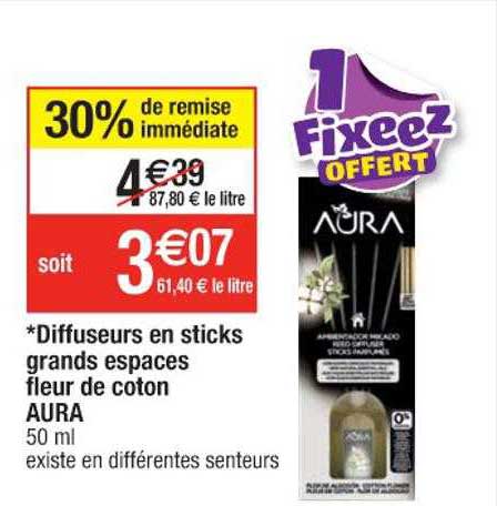 diffuseurs en sticks grands espaces fleur de coton aura