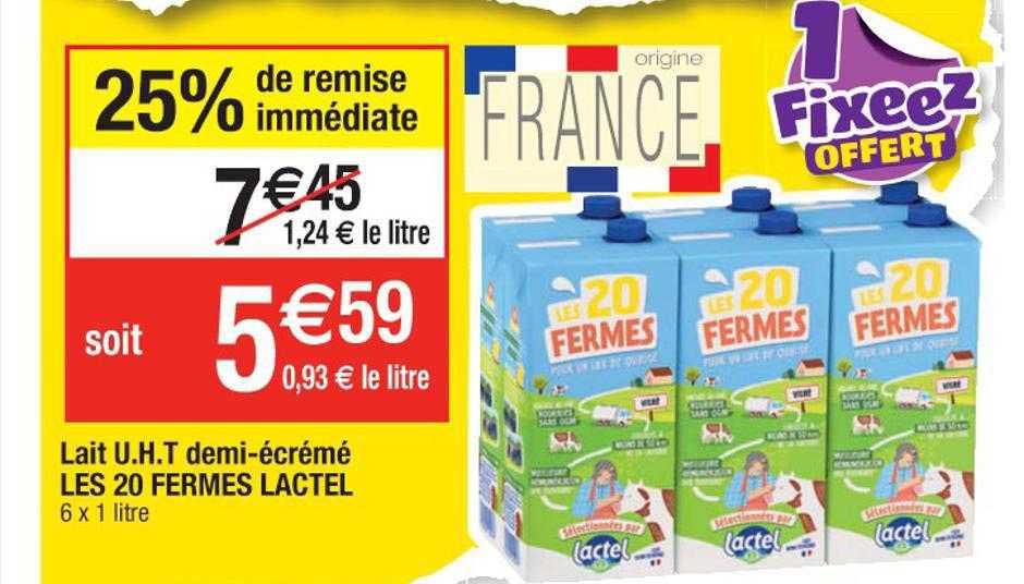 lait u.h.t. demi-écrémé les 20 fermes lactel