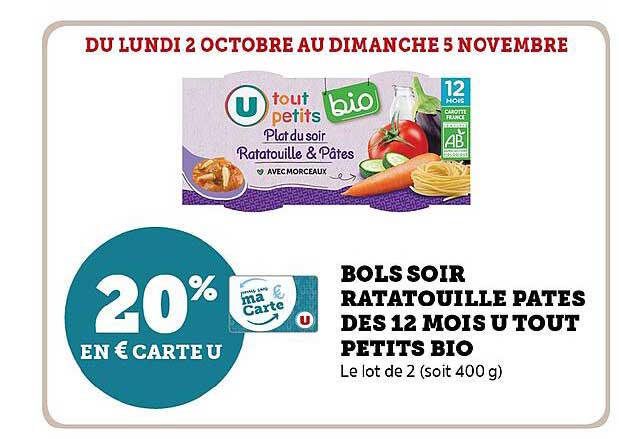 bols soir ratatouille pâtes dès 12 mois u tout petits bio