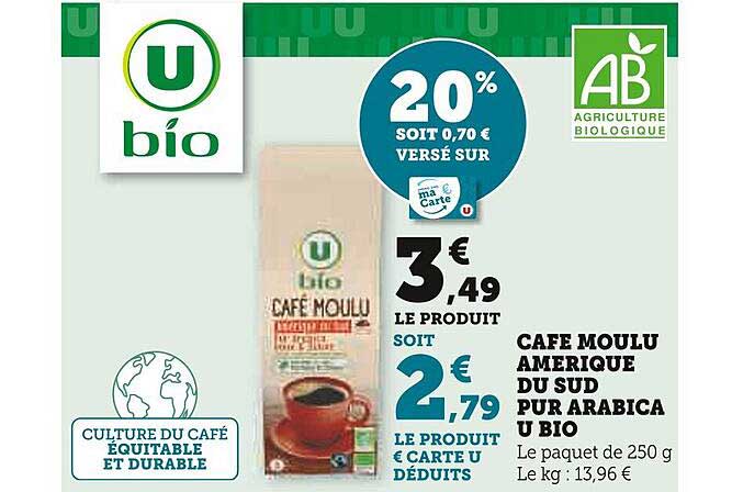 café moulu amérique du sud pur arabica u bio