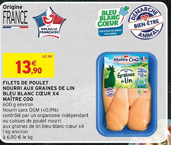 filets de poulet nourri aux graines de lin bleu blanc cœur x4 maître coq