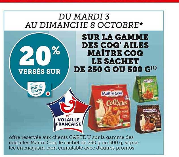 la gamme des coq'ailes maître coq le sachet de 250 g ou 500 g