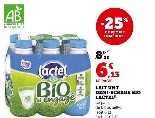lait uht demi-écrémé bio lactel