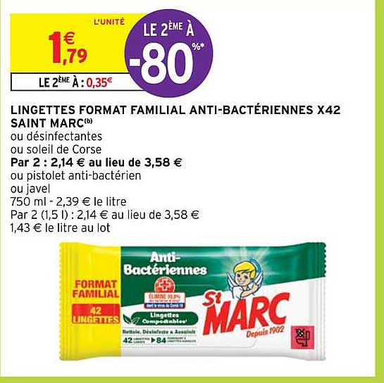lingettes format familial anti-bactériennes x42 saint marc
