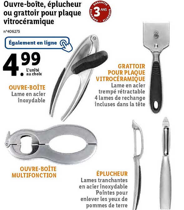 ouvre-boîte, éplucheur ou grattoir pour plaque vitrocéramique